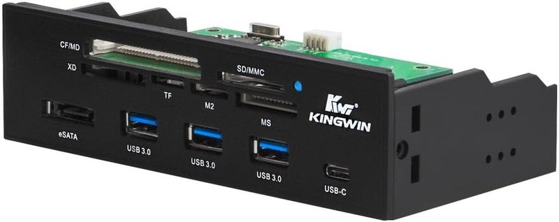 KingWin Powered USB Hub 3.0 w/ 1 USB-C Port, SD Card Reader & Micro SD Card Reader - Sata Power Port w/Lightning Speed Data Transfer Up to 5Gbps - 5.25" Computer Case Front Bay, black (KW525-3U3CR) - Image 1